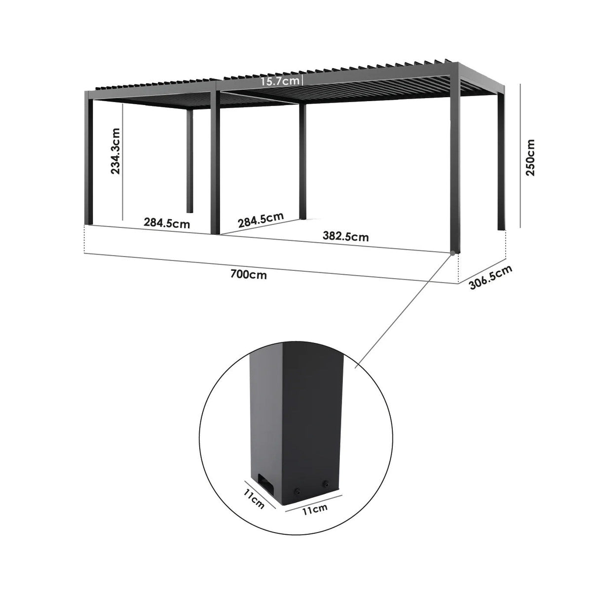 PergoSTET Deluxe Frame Only 3m x 7m Rectangular Pergola with Motorised LED Louvres in Grey