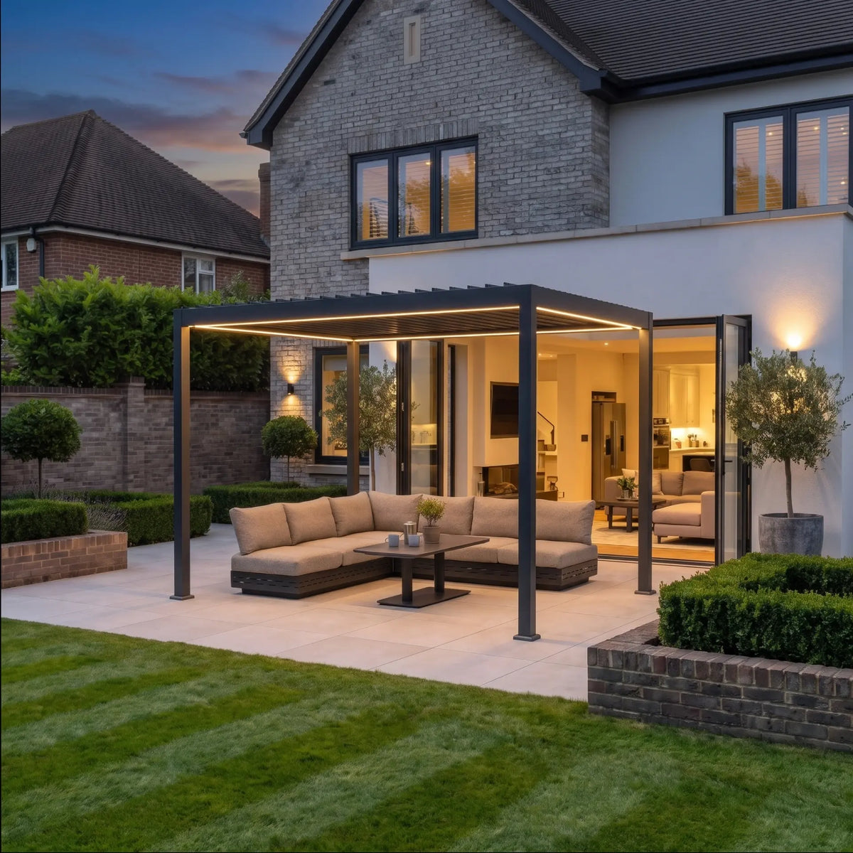 PergoSTET Lite Solar 3m x 4m Metal Rectangular Pergola With Motorised Louvres and LED Lighting in Grey