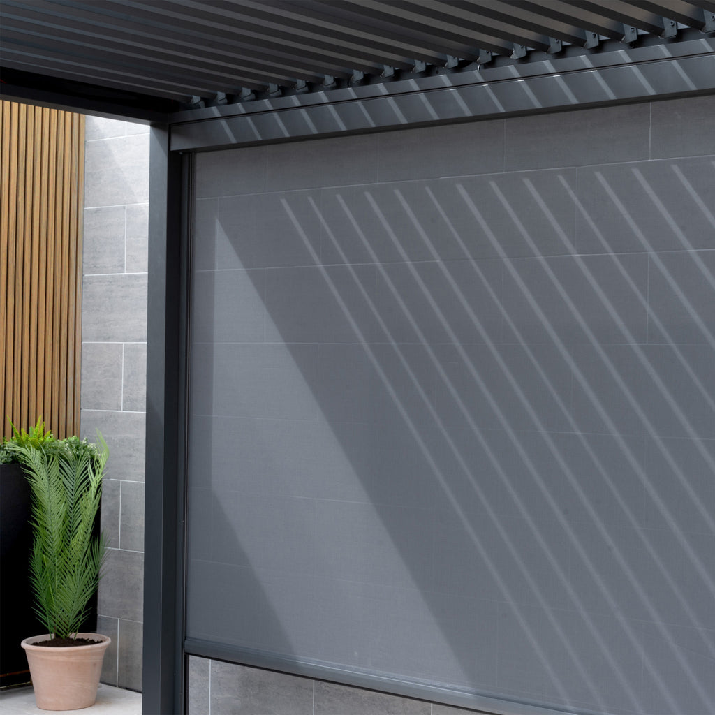 PergoSTET Deluxe 3m x 3m Square Pergola with Motorised LED Louvres and 3 Manual Side Blinds in Grey