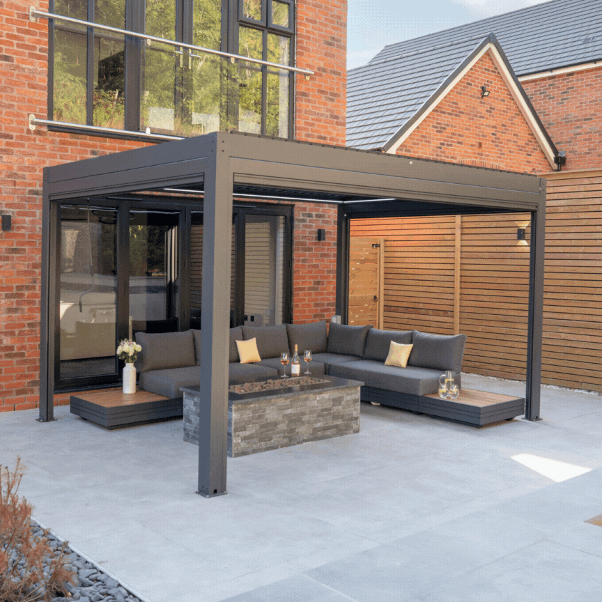 PergoSTET Plus 3m x 4m Rectangular Pergola with 3 Manual Side Blinds and LED Lighting in Grey