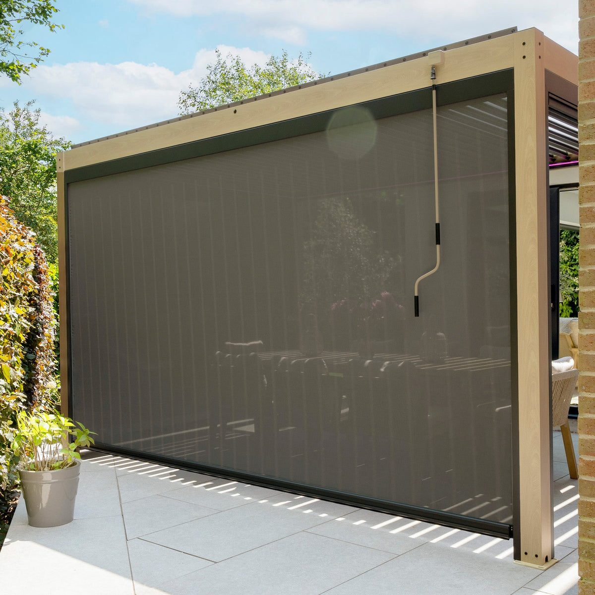 PergoSTET Plus 4m x 4m Square Pergola with 3 Manual Side Blinds and LED Lighting in Wood Effect
