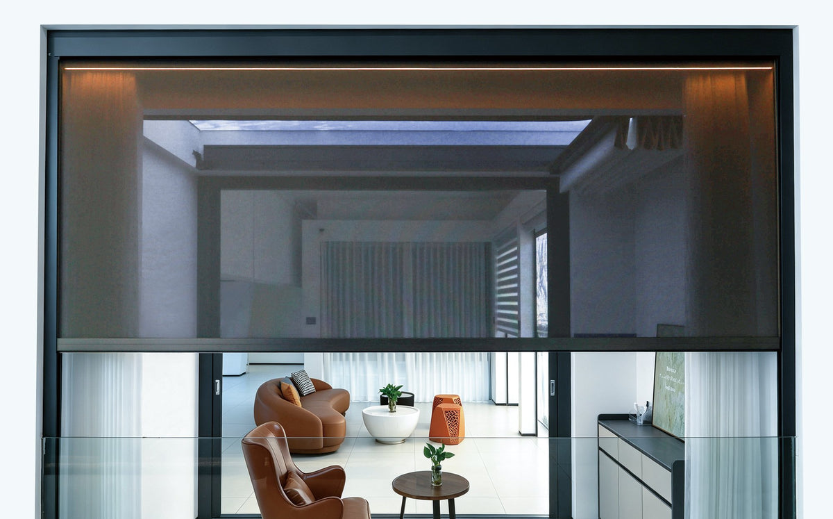 LS-120 wide-span windproof roller blind on a balcony