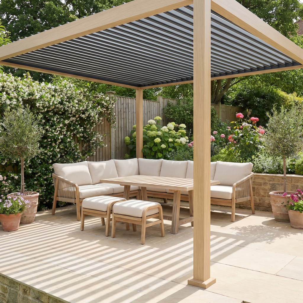 PergoSTET Lite Neo 3m x 4m Metal Rectangular Pergola with Wood Effect