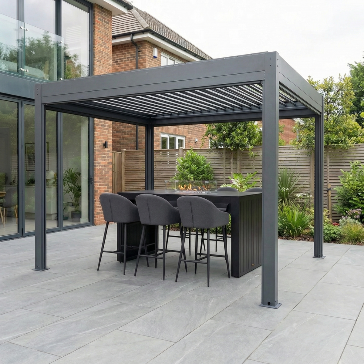 PergoSTET Plus 3m x 3m Square Pergola with 3 Manual Side Blinds and LED Lighting in Grey