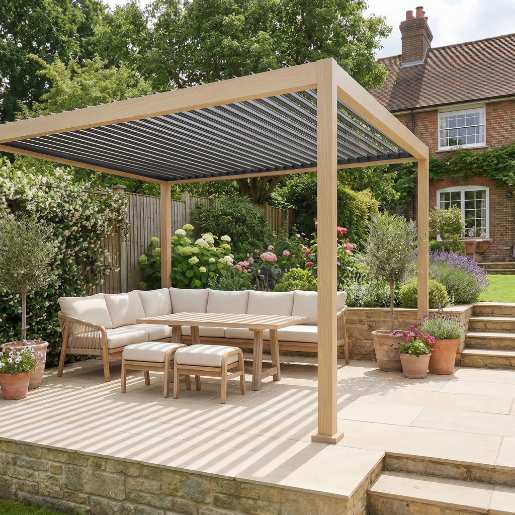 PergoSTET Lite Neo 3m x 4m Metal Rectangular Pergola with Wood Effect