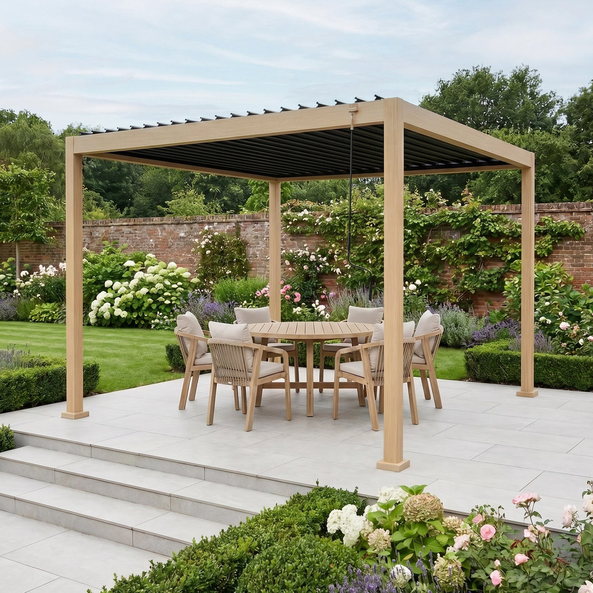 PergoSTET Lite Neo 3m x 3m Metal Square Pergola in Wood Effect