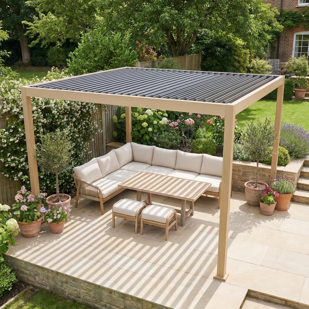 PergoSTET Lite Neo 3m x 4m Metal Rectangular Pergola with Wood Effect