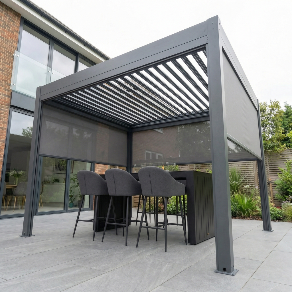 PergoSTET Plus 3m x 3m Square Pergola with 3 Manual Side Blinds and LED Lighting in Grey