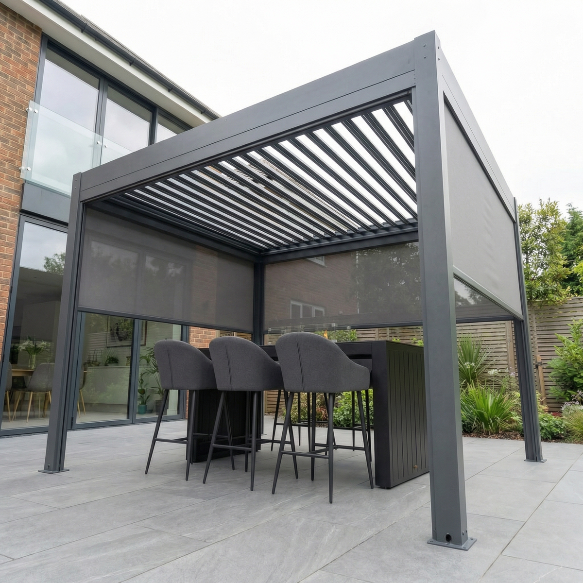 PergoSTET Plus 3m x 3m Square Pergola with 3 Manual Side Blinds and LED Lighting in Grey