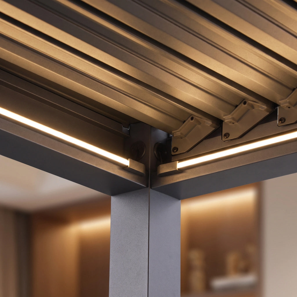 PergoSTET Lite Solar 3m x 4m Metal Rectangular Pergola With Motorised Louvres and LED Lighting in Grey