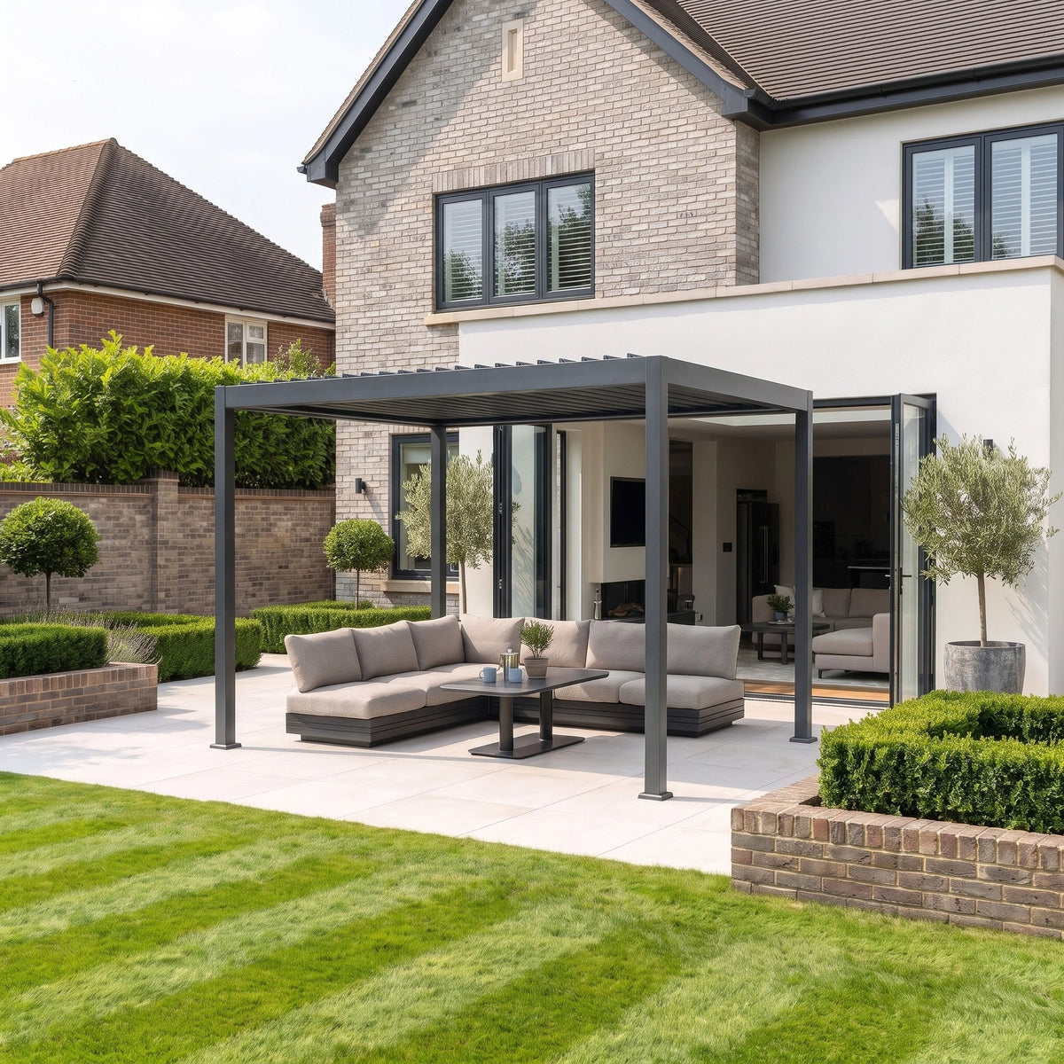 PergoSTET Lite Solar 3m x 4m Metal Rectangular Pergola With Motorised Louvres and LED Lighting in Grey