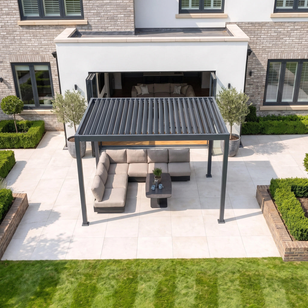 PergoSTET Lite Solar 3m x 4m Metal Rectangular Pergola With Motorised Louvres and LED Lighting in Grey