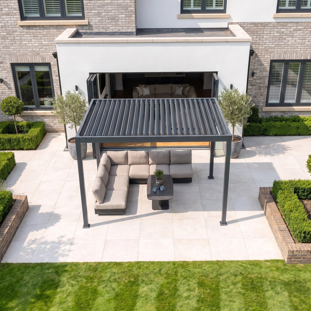 PergoSTET Lite Solar 3m x 4m Metal Rectangular Pergola With Motorised Louvres and LED Lighting in Grey