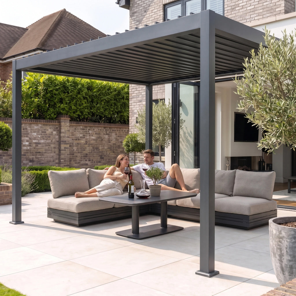 PergoSTET Lite Solar 3m x 4m Metal Rectangular Pergola With Motorised Louvres and LED Lighting in Grey