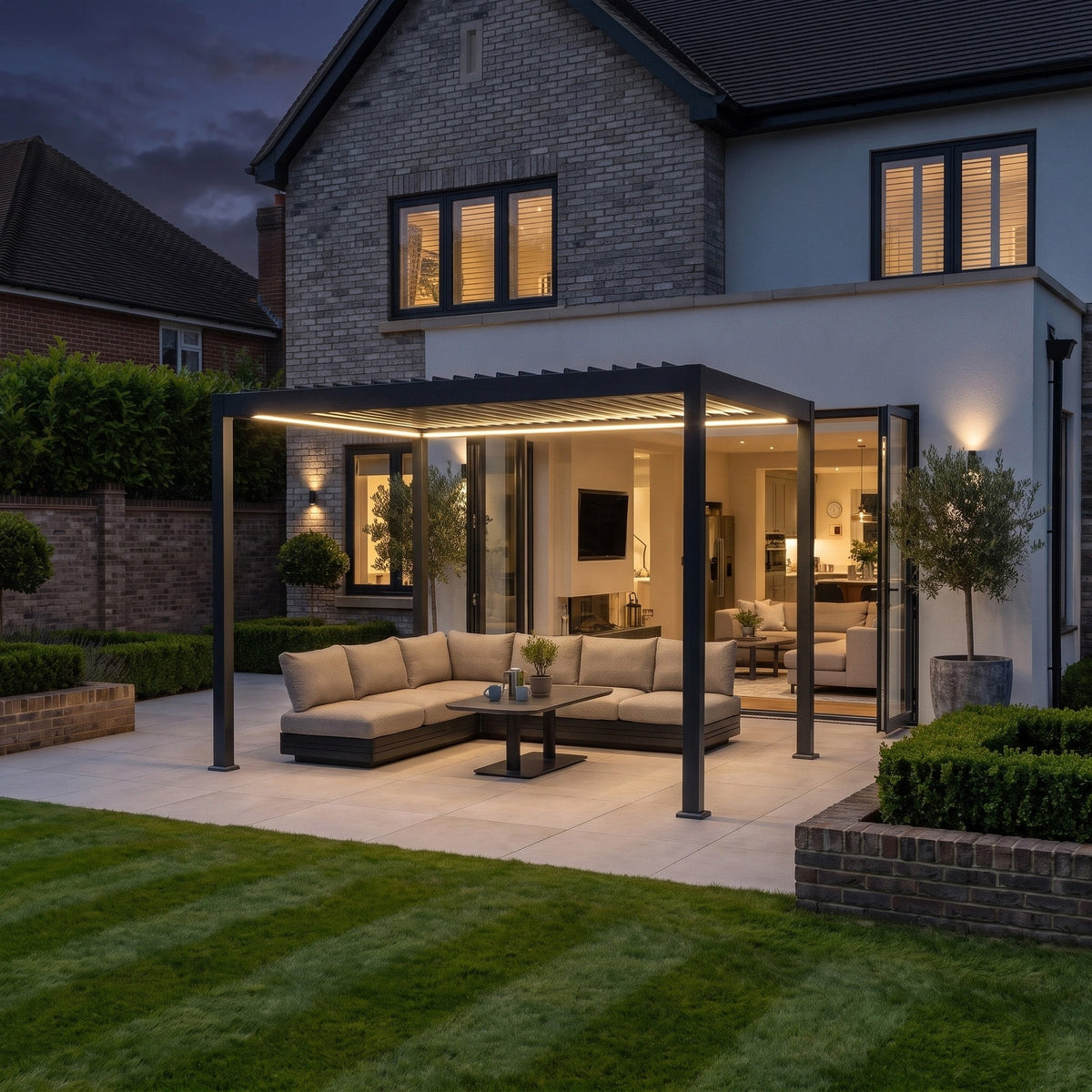 PergoSTET Lite Solar 3m x 4m Metal Rectangular Pergola With Motorised Louvres and LED Lighting in Grey