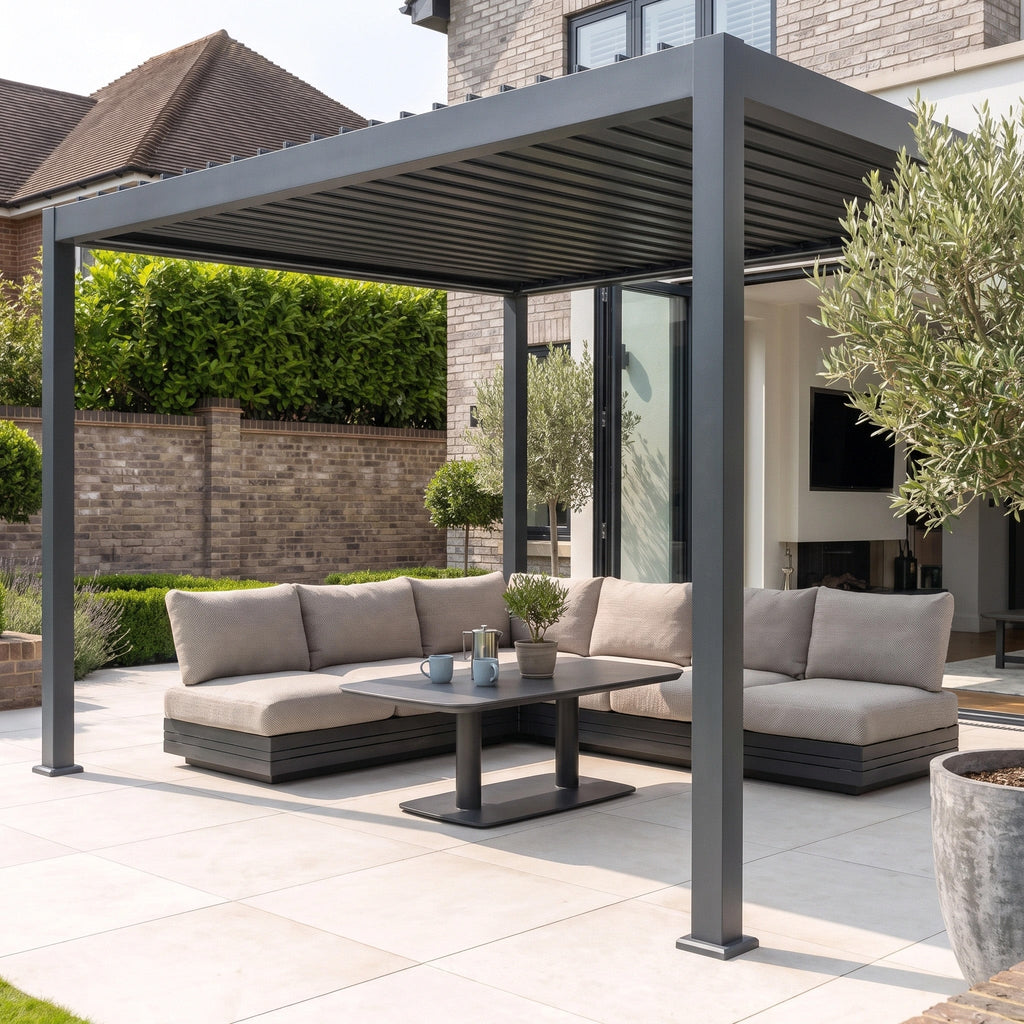 PergoSTET Lite Solar 3m x 4m Metal Rectangular Pergola With Motorised Louvres and LED Lighting in Grey