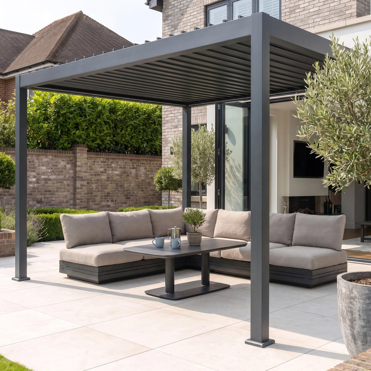 PergoSTET Lite Solar 3m x 4m Metal Rectangular Pergola With Motorised Louvres and LED Lighting in Grey