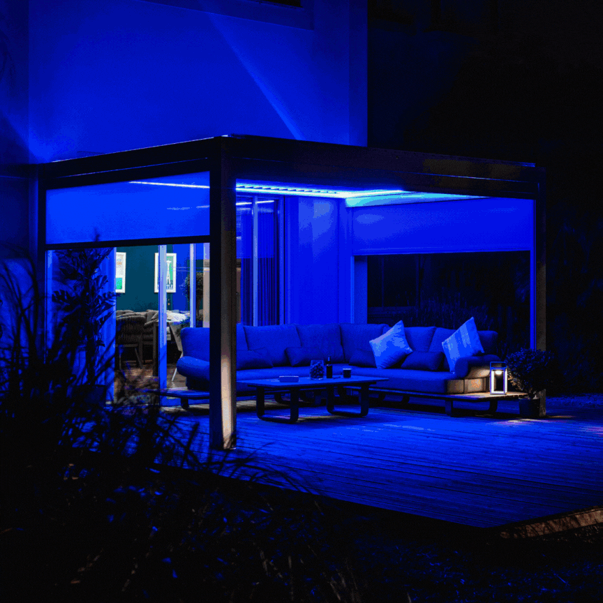 PergoSTET Plus 4m x 4m Square Pergola with 3 Manual Side Blinds and LED Lighting in White