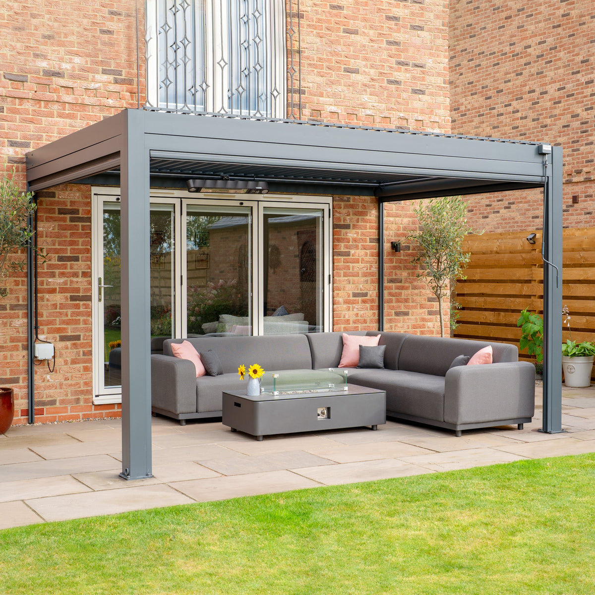 PergoSTET Plus 3m x 4m Rectangular Wall Mounted Pergola with 3 Manual Side Blinds and LED Lighting in Grey