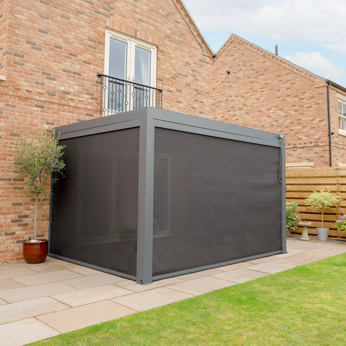 PergoSTET Plus 3m x 4m Rectangular Wall Mounted Pergola with 3 Manual Side Blinds and LED Lighting in Grey