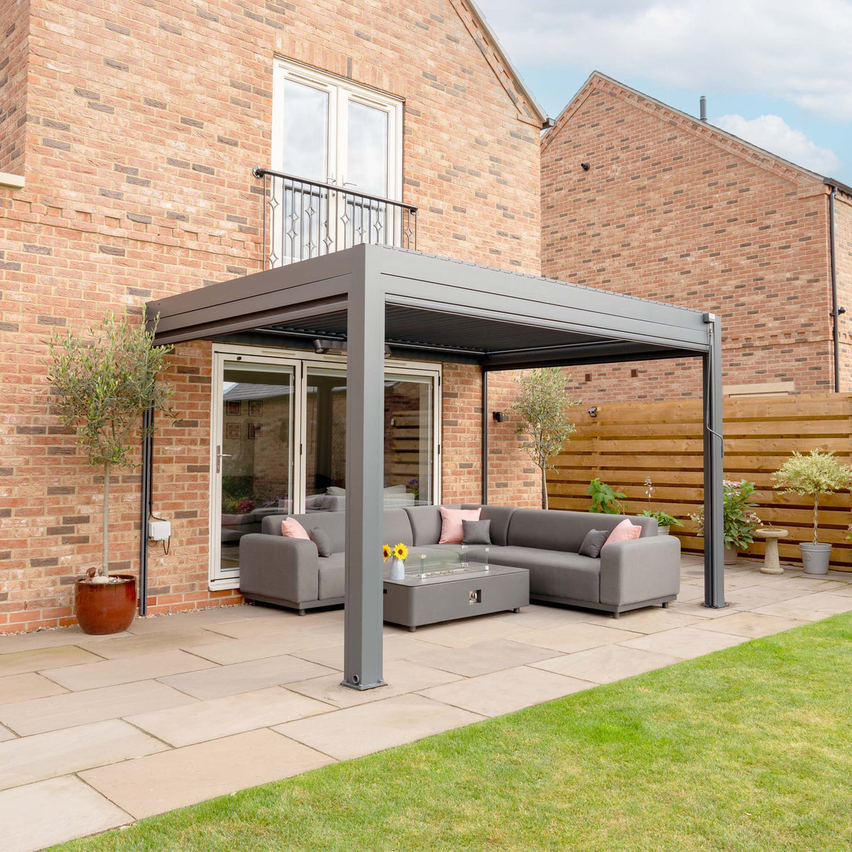 PergoSTET Plus 3m x 4m Rectangular Wall Mounted Pergola with 3 Manual Side Blinds and LED Lighting in Grey