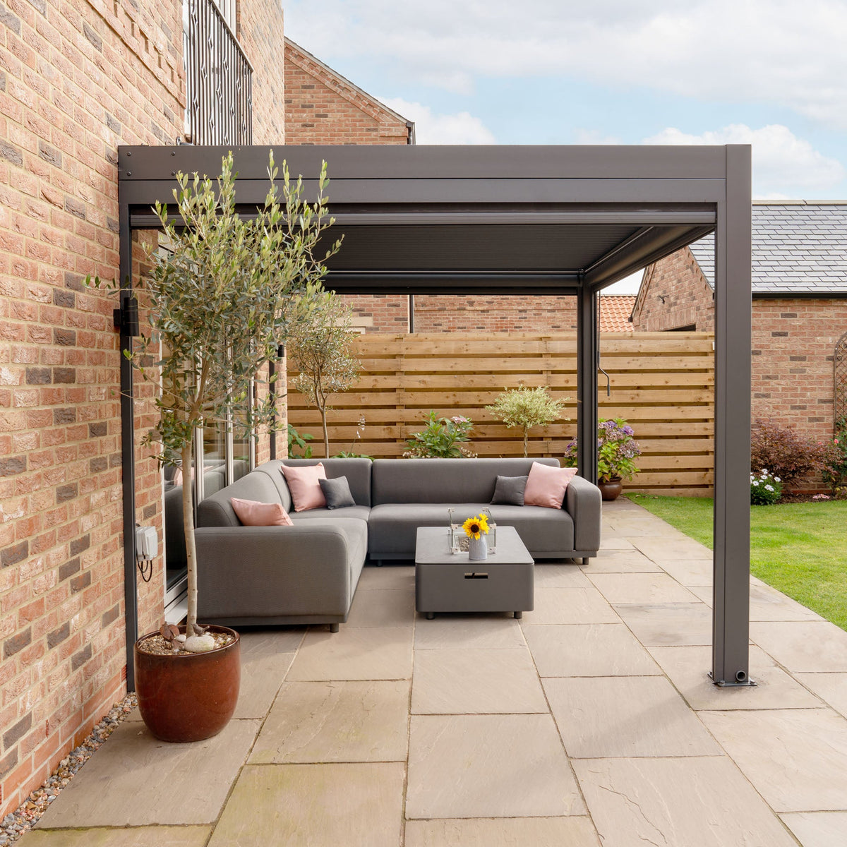 PergoSTET Plus 3m x 4m Rectangular Wall Mounted Pergola with 3 Manual Side Blinds and LED Lighting in Grey