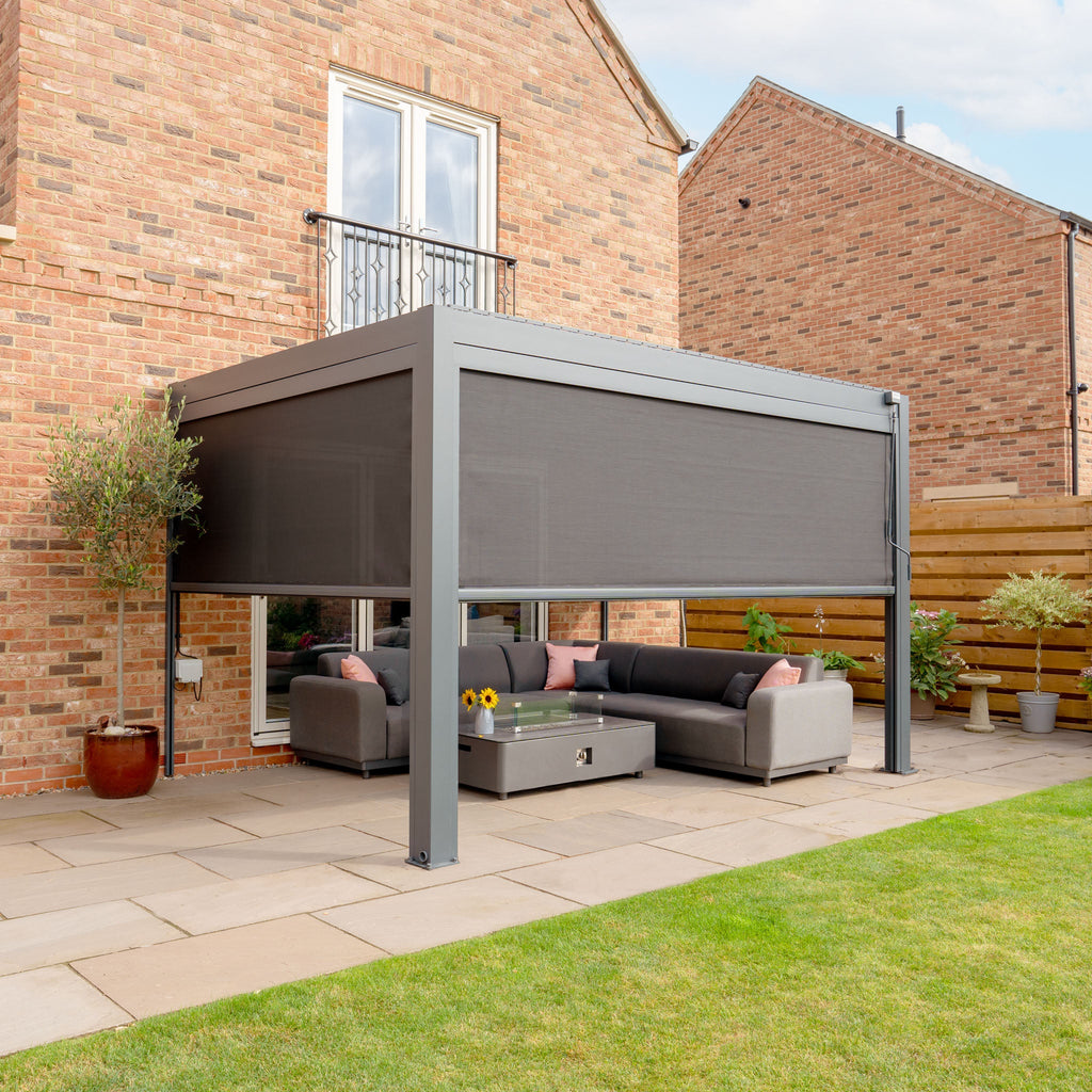 PergoSTET Plus 3m x 4m Rectangular Wall Mounted Pergola with 3 Manual Side Blinds and LED Lighting in Grey